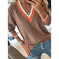 Magdelene Dark Khaki Contrast Striped Trim V Neck Varsity Sweater