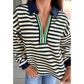 Sofia Navy Blue Striped Print Contrast Collar Zip V Neck Long Sleeve Top