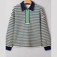 Sofia Navy Blue Striped Print Contrast Collar Zip V Neck Long Sleeve Top