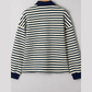 Sofia Navy Blue Striped Print Contrast Collar Zip V Neck Long Sleeve Top