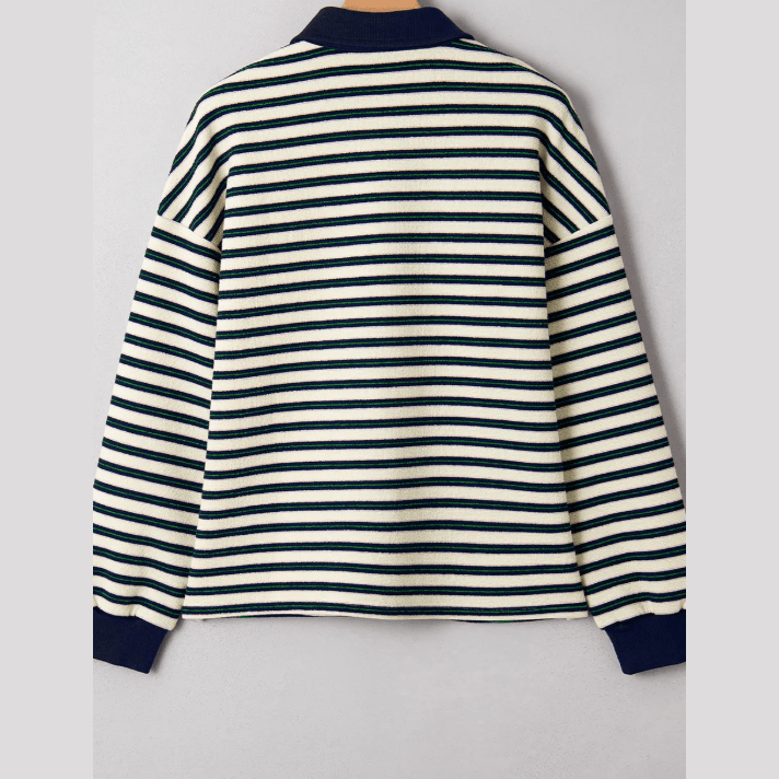 Sofia Navy Blue Striped Print Contrast Collar Zip V Neck Long Sleeve Top
