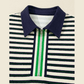 Sofia Navy Blue Striped Print Contrast Collar Zip V Neck Long Sleeve Top