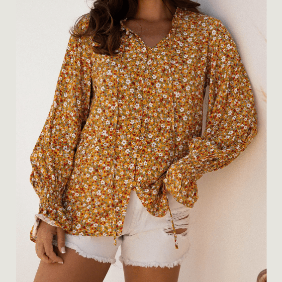 Jovi Boho Floral Ruffled Bubble Sleeve V Neck Fall Blouse