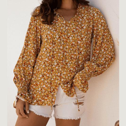 Jovi Boho Floral Ruffled Bubble Sleeve V Neck Fall Blouse