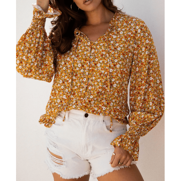 Jovi Boho Floral Ruffled Bubble Sleeve V Neck Fall Blouse