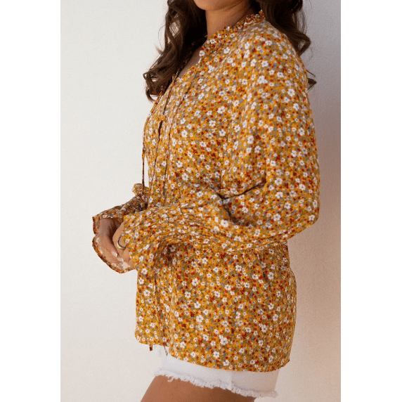 Jovi Boho Floral Ruffled Bubble Sleeve V Neck Fall Blouse