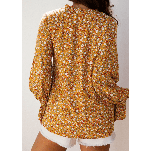 Jovi Boho Floral Ruffled Bubble Sleeve V Neck Fall Blouse