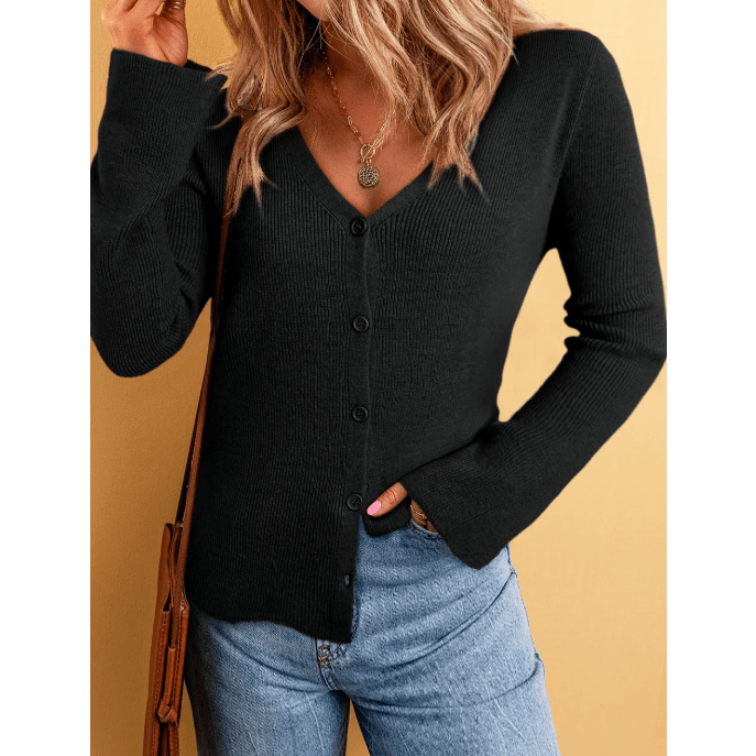Leigh Black Lightweight Ribbed Knit Button Front V Neck Cardigan