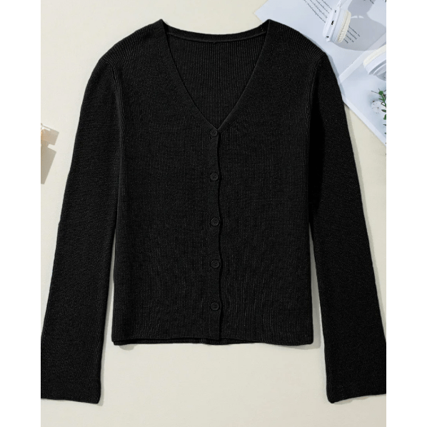 Leigh Black Lightweight Ribbed Knit Button Front V Neck Cardigan