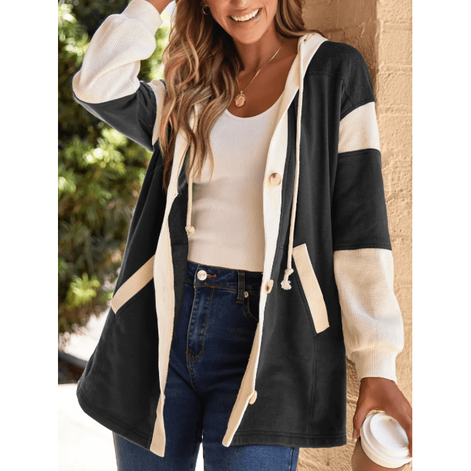 Bonnel Black Waffle Contrast Knit Color Block Patchwork Button Front Oversize Hoodie