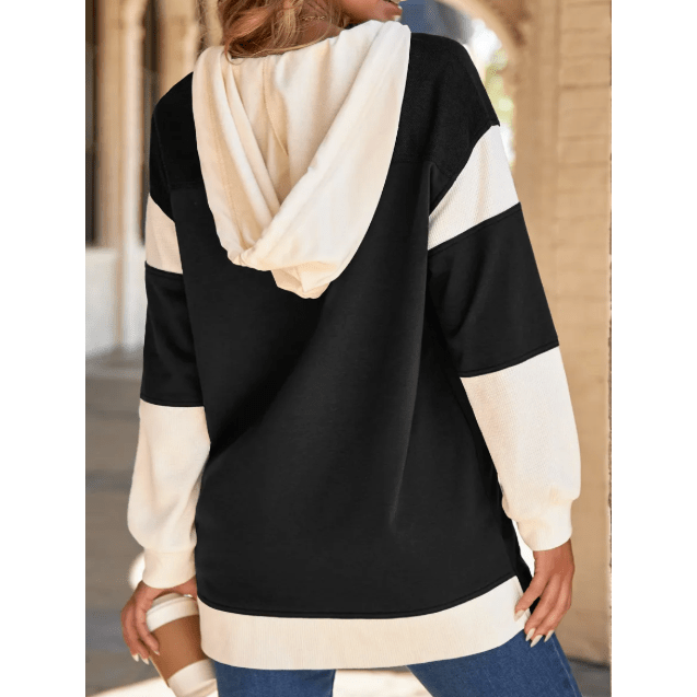 Bonnel Black Waffle Contrast Knit Color Block Patchwork Button Front Oversize Hoodie