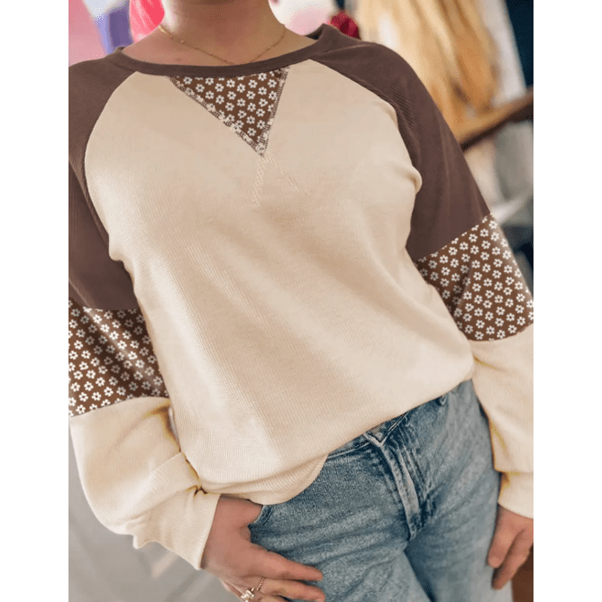 Holly Brown Floral Print Patchwork Color Block Long Sleeve Top