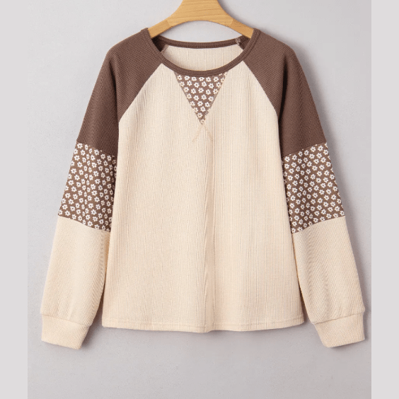 Holly Brown Floral Print Patchwork Color Block Long Sleeve Top