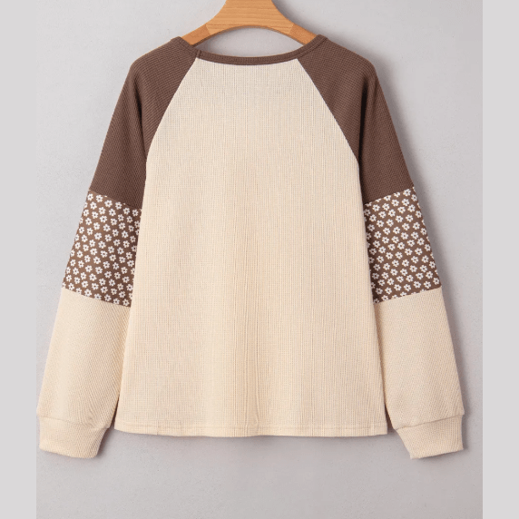 Holly Brown Floral Print Patchwork Color Block Long Sleeve Top