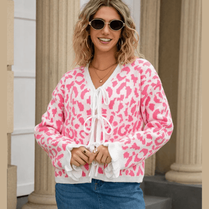 Madonna Bow Front Ruffled Cuff Leopard Cardigan - 3 Colors