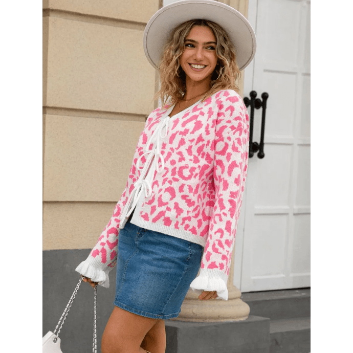 Madonna Bow Front Ruffled Cuff Leopard Cardigan - 3 Colors