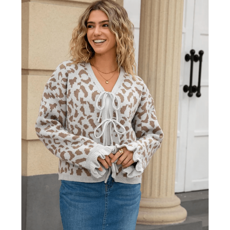 Madonna Bow Front Ruffled Cuff Leopard Cardigan - 3 Colors