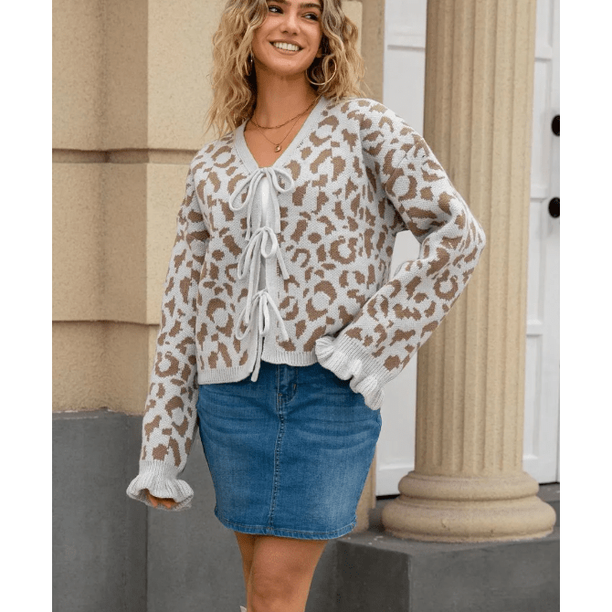 Madonna Bow Front Ruffled Cuff Leopard Cardigan - 3 Colors