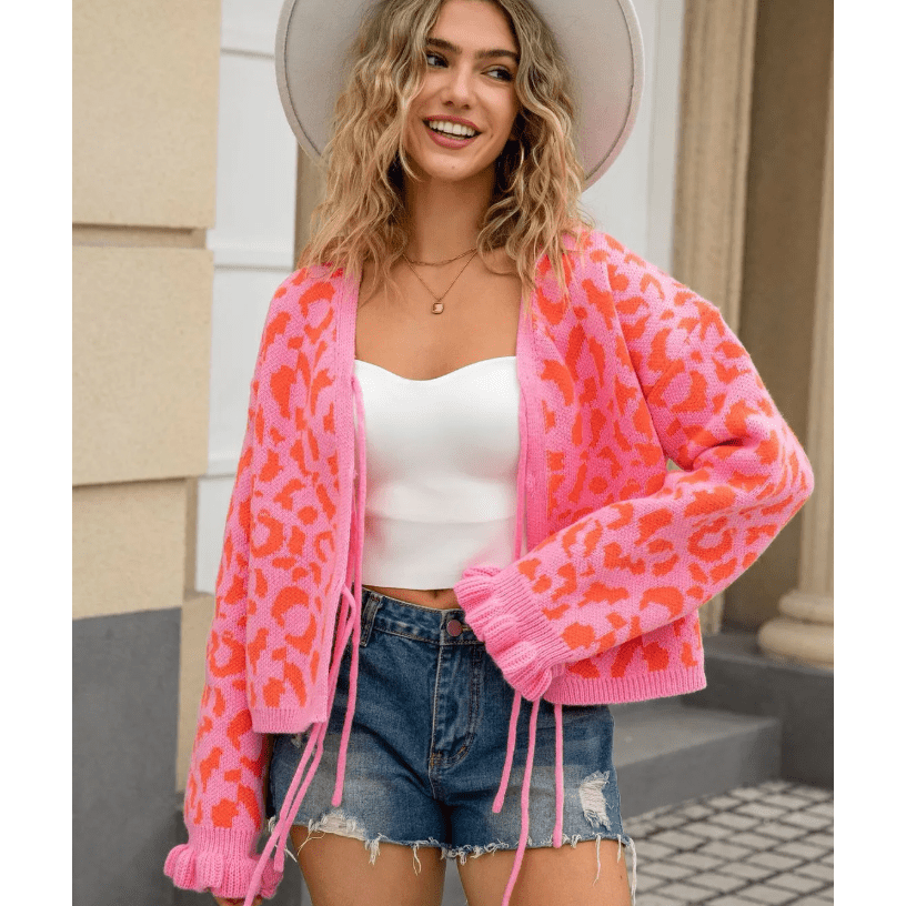 Madonna Bow Front Ruffled Cuff Leopard Cardigan - 3 Colors