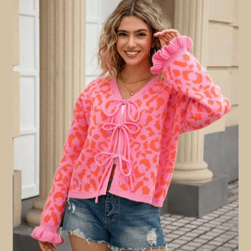 Madonna Bow Front Ruffled Cuff Leopard Cardigan - 3 Colors