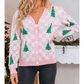 Pink Checkered Christmas Tree Pattern Button V Neck Cardigan Sweater