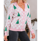 Pink Checkered Christmas Tree Pattern Button V Neck Cardigan Sweater