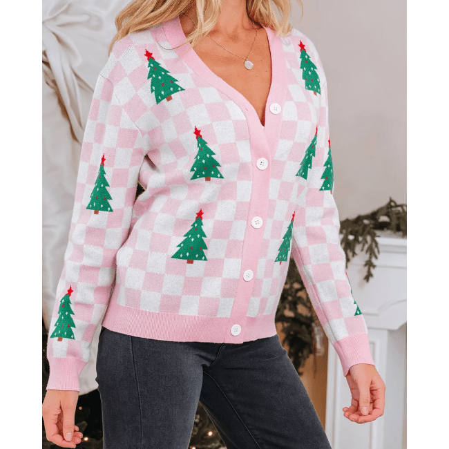 Pink Checkered Christmas Tree Pattern Button V Neck Cardigan Sweater