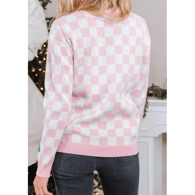 Pink Checkered Christmas Tree Pattern Button V Neck Cardigan Sweater