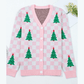 Pink Checkered Christmas Tree Pattern Button V Neck Cardigan Sweater
