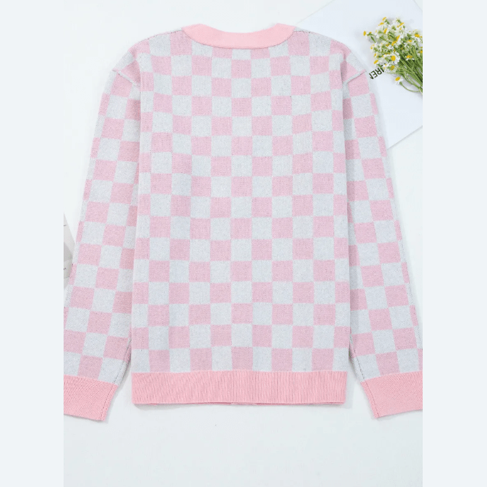 Pink Checkered Christmas Tree Pattern Button V Neck Cardigan Sweater