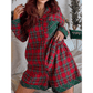 Red Plaid Contrast Patched Christmas Holiday Long Sleeve Shirt and Short 2pcs Pajama Set