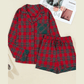 Red Plaid Contrast Patched Christmas Holiday Long Sleeve Shirt and Short 2pcs Pajama Set