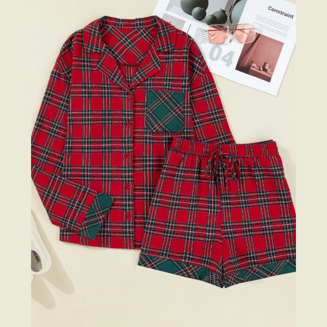 Red Plaid Contrast Patched Christmas Holiday Long Sleeve Shirt and Short 2pcs Pajama Set