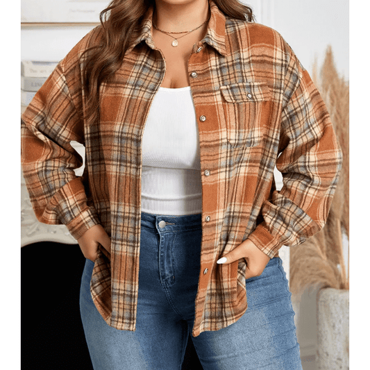 Marsalla Brown Plaid Print Flap Pocket Buttoned Plus Size Shacket