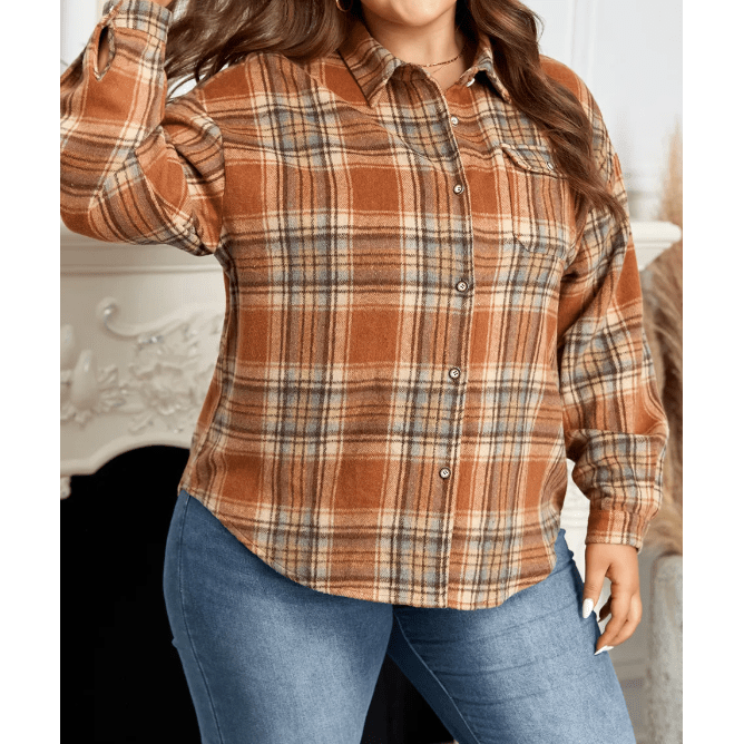 Marsalla Brown Plaid Print Flap Pocket Buttoned Plus Size Shacket