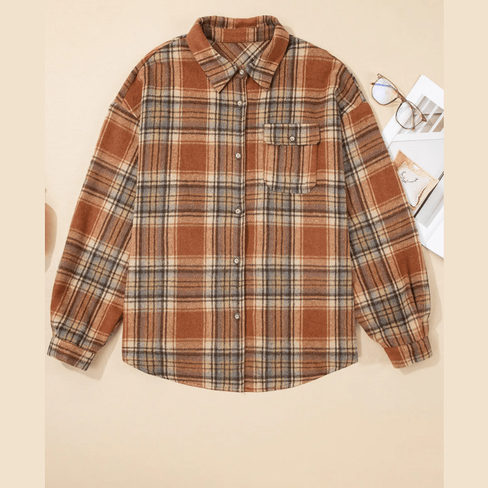 Marsalla Brown Plaid Print Flap Pocket Buttoned Plus Size Shacket