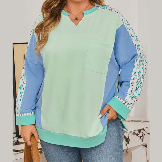 Roschel Green Color Block Floral Patchwork Long Sleeve Notched Neck Plus Size Top
