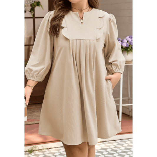 Lyra Parchment Notched Neck Scallop Detail Plus Size Mini Dress