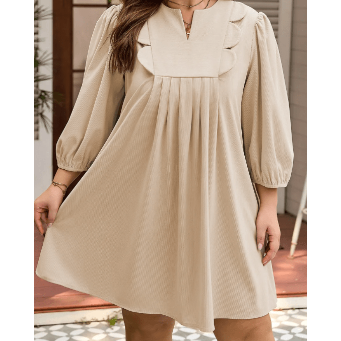 Lyra Parchment Notched Neck Scallop Detail Plus Size Mini Dress