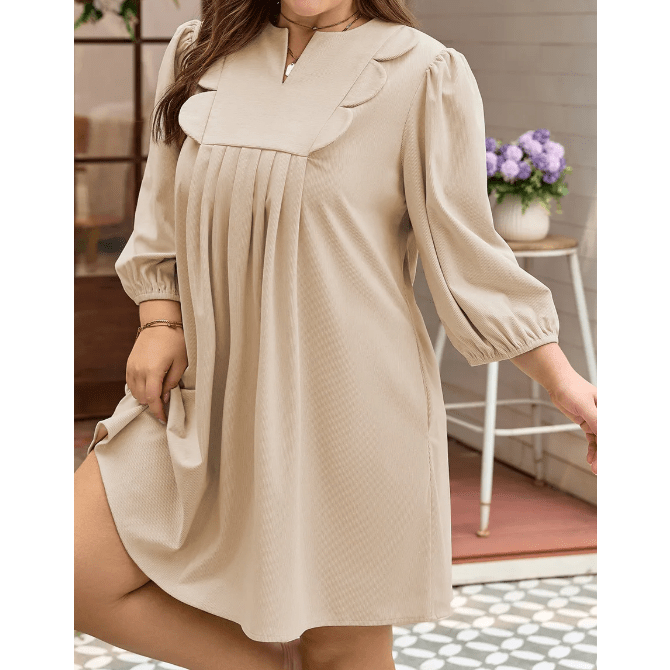 Lyra Parchment Notched Neck Scallop Detail Plus Size Mini Dress