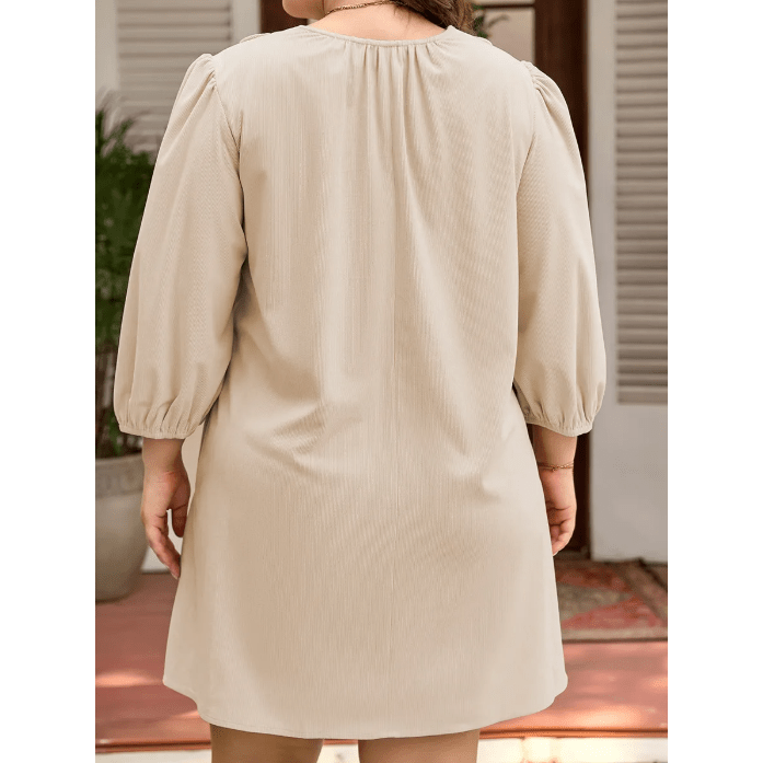 Lyra Parchment Notched Neck Scallop Detail Plus Size Mini Dress