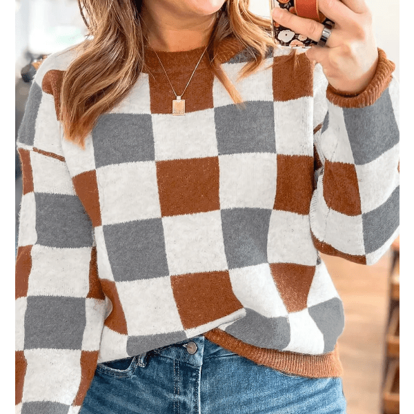 Bess Brown Plus Size Checkered Crewneck Sweater