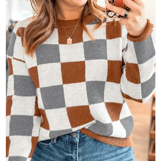 Bess Brown Plus Size Checkered Crewneck Sweater