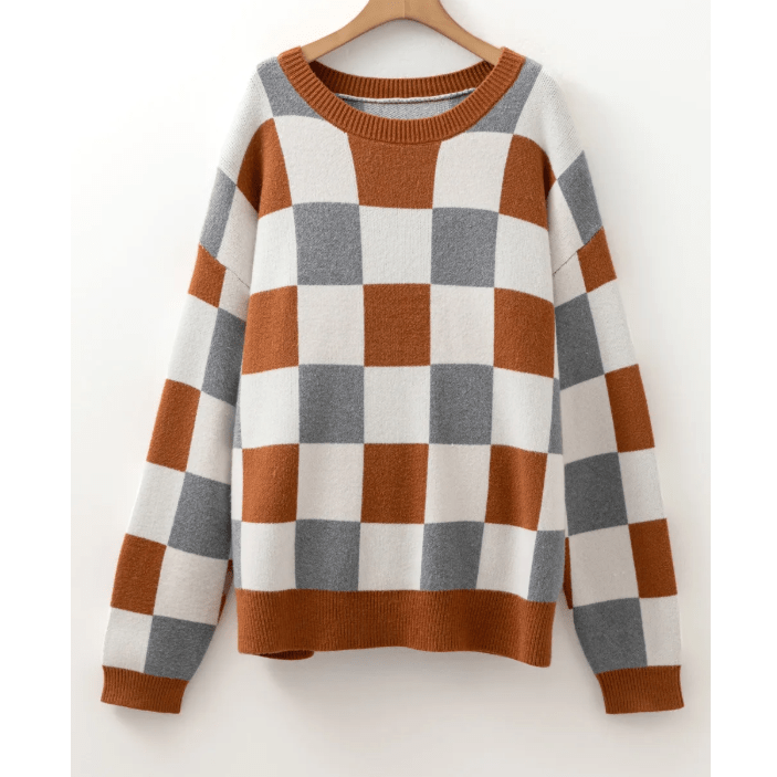 Bess Brown Plus Size Checkered Crewneck Sweater