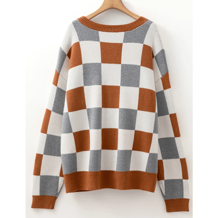 Bess Brown Plus Size Checkered Crewneck Sweater