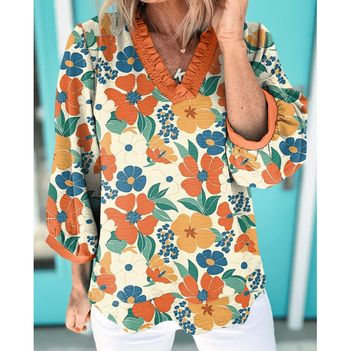 RTS Dodie Orange Frilled V Neck Floral Print Bracelet Sleeve Blouse