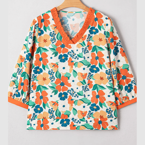 RTS Dodie Orange Frilled V Neck Floral Print Bracelet Sleeve Blouse