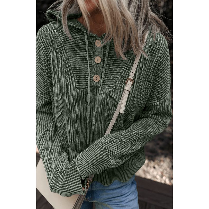 RTS Mist Green Mineral Wash Ribbed Knit Button Drawstring Neck Hooded Sweater