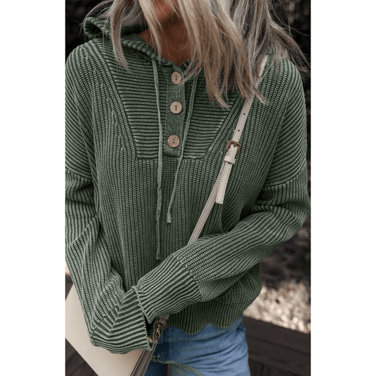 RTS Mist Green Mineral Wash Ribbed Knit Button Drawstring Neck Hooded Sweater
