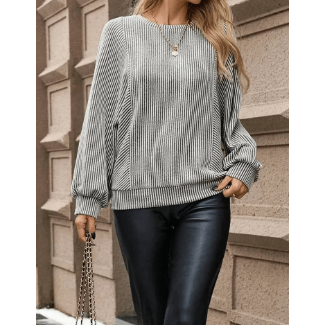 Mirabella Ribbed Knit Round Neck Long Lantern Sleeve Top